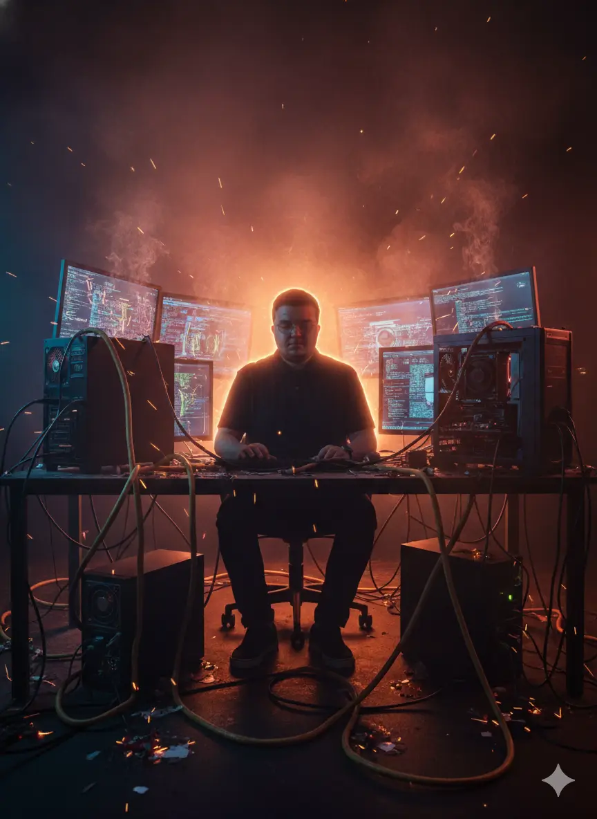 Portrait généré par IA de Sofiane, calme et impassible devant plusieurs ordinateurs dans une ambiance apocalyptique