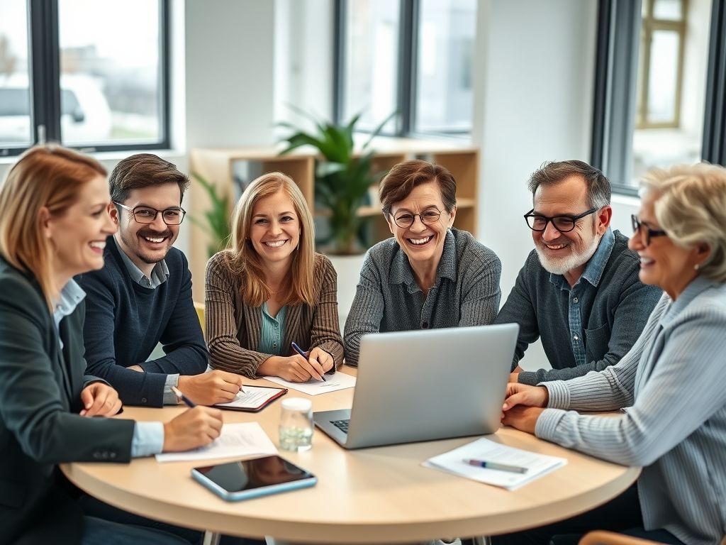 Equipe souriante autour d'une table devant un ordinateur