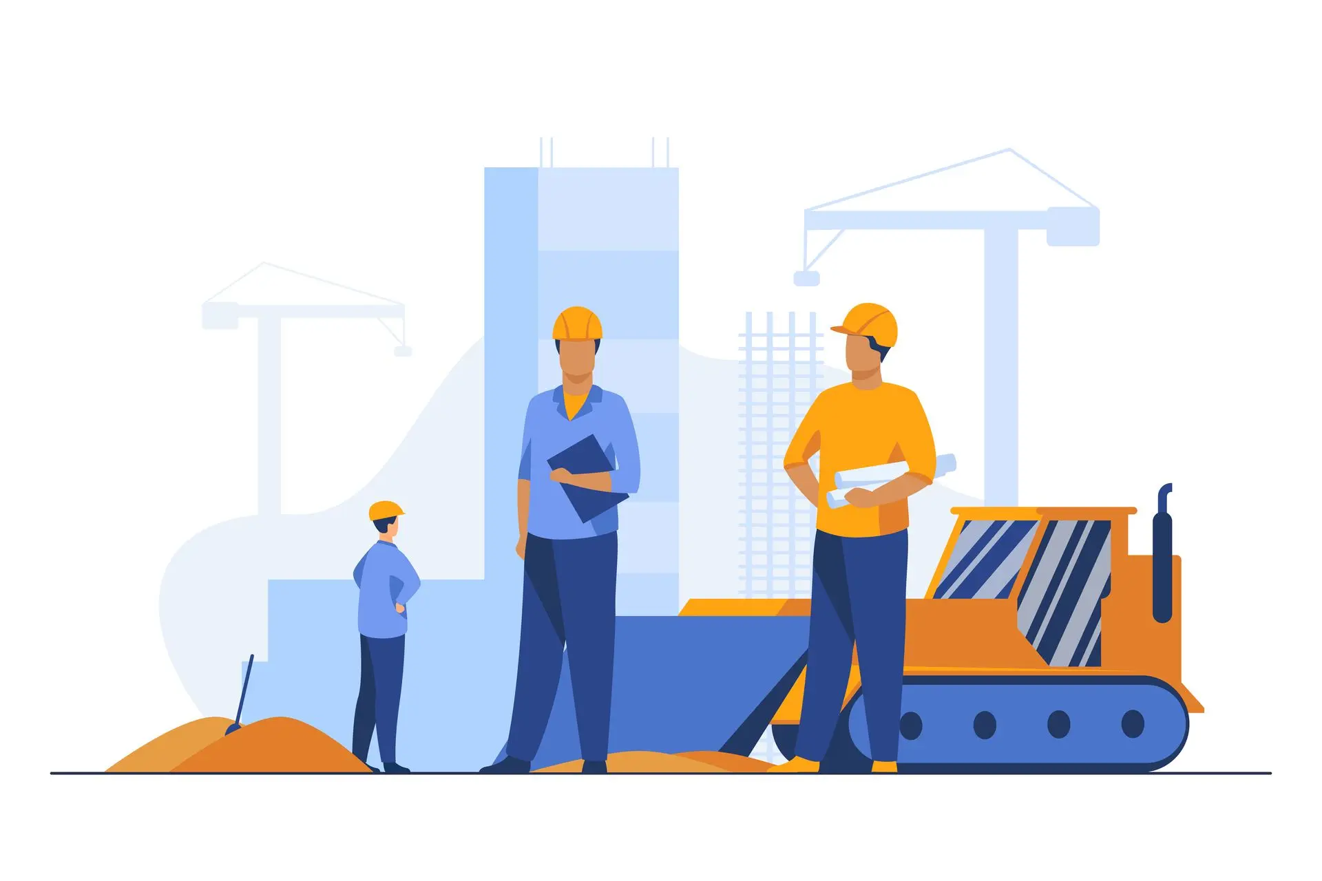 Illustration de plusieurs personnes avec casques de chantier devant des grues