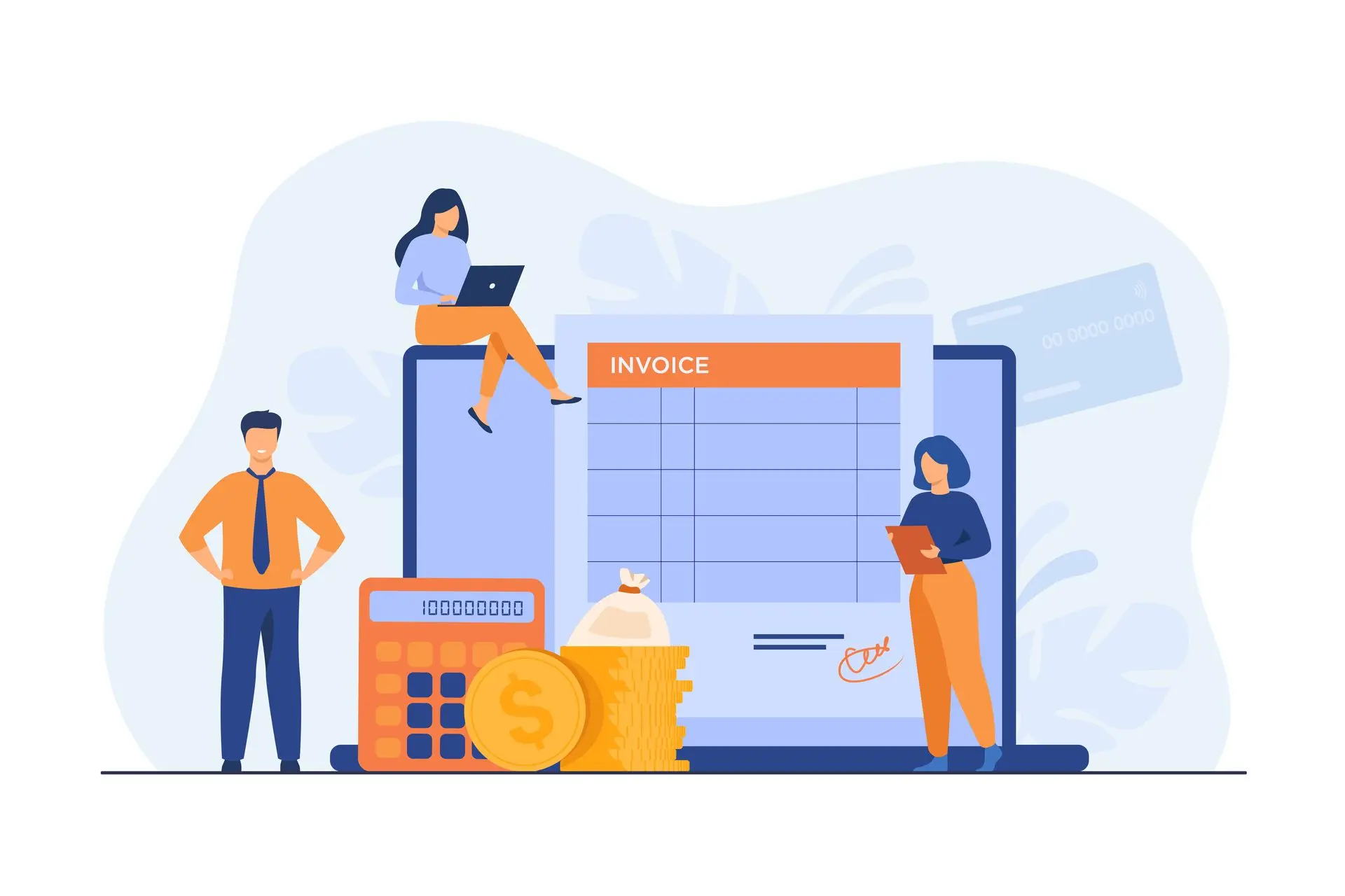 Illustration de plusieurs personnes assises sur des factures et une calculatrice