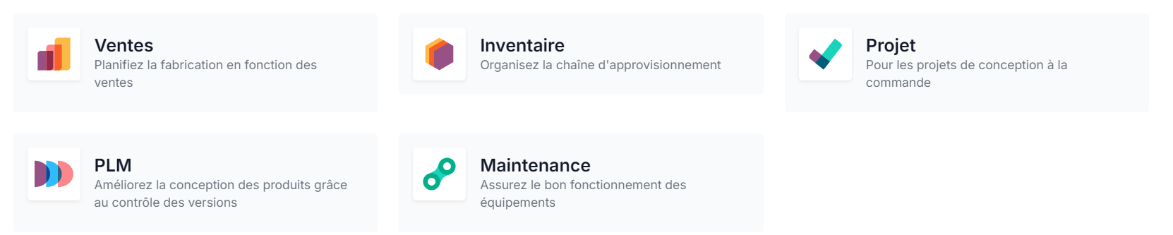 Logo de différentes applications proposées par Odoo