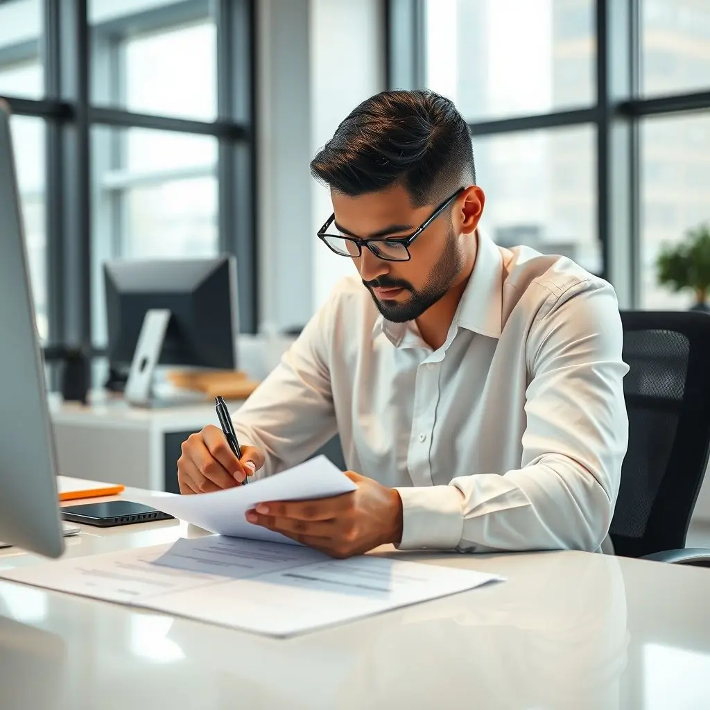 Homme suignant un document assis à son bureau