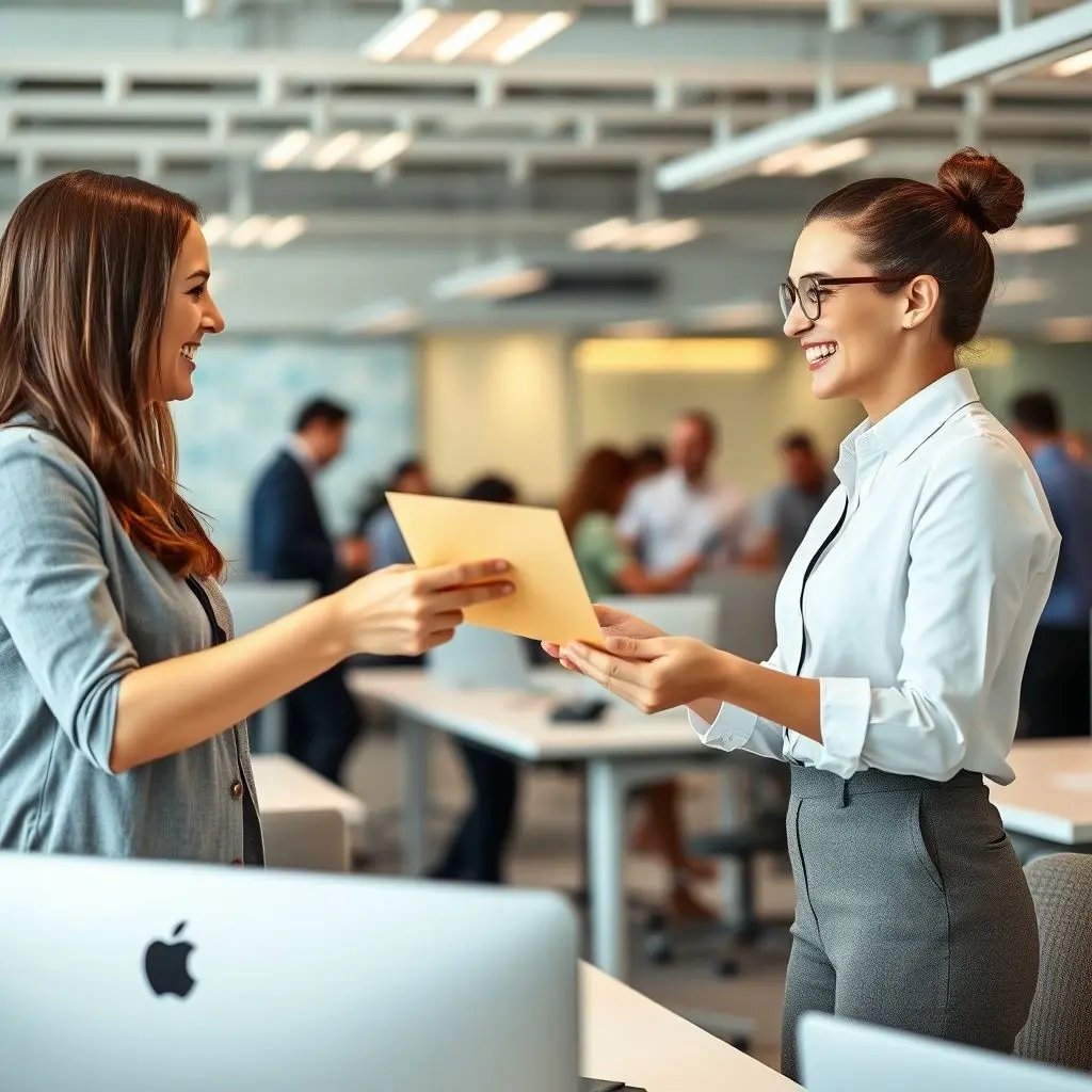 Deux femmes dans un environnement professionnel s'échangeant une enveloppe