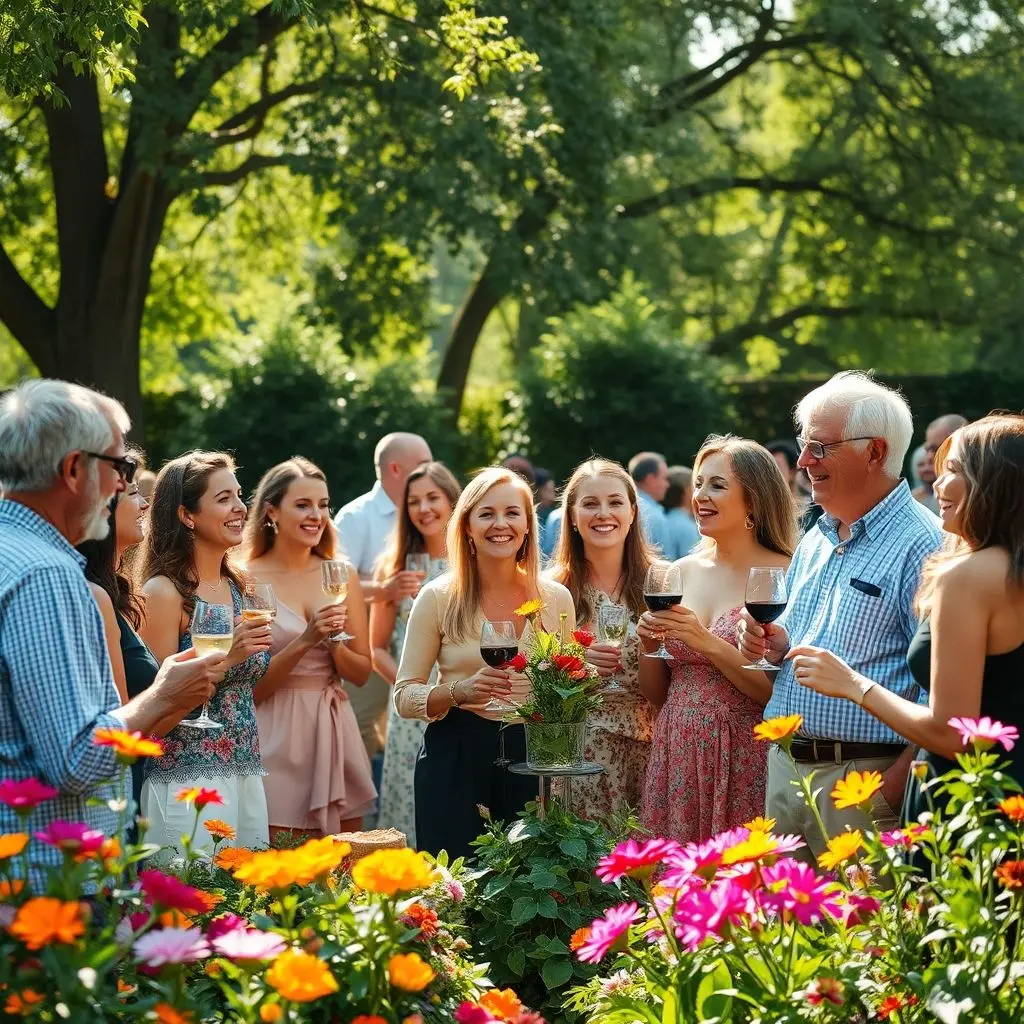 Plusieurs personnes réunies dans un jardin fleuri et buvant un verre